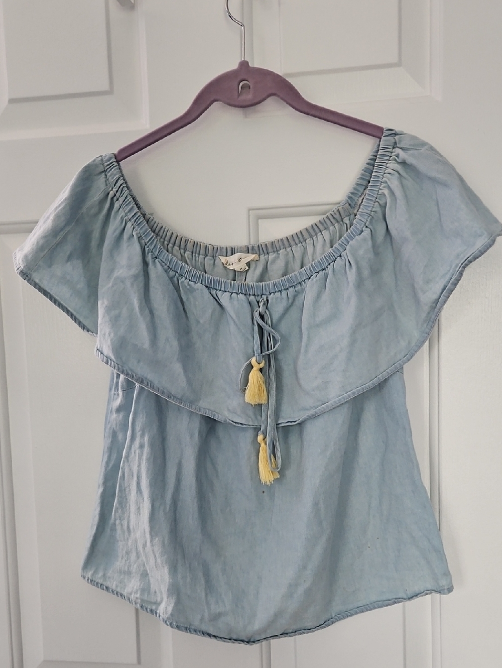 Love Tree Light Blue Off-Shoulder Tassel Top